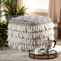 Baxton Studio Alain-Black/Ivory-Pouf Alain Moroccan Inspired Black and Ivory Handwoven Wool Tassel Pouf Ottoman